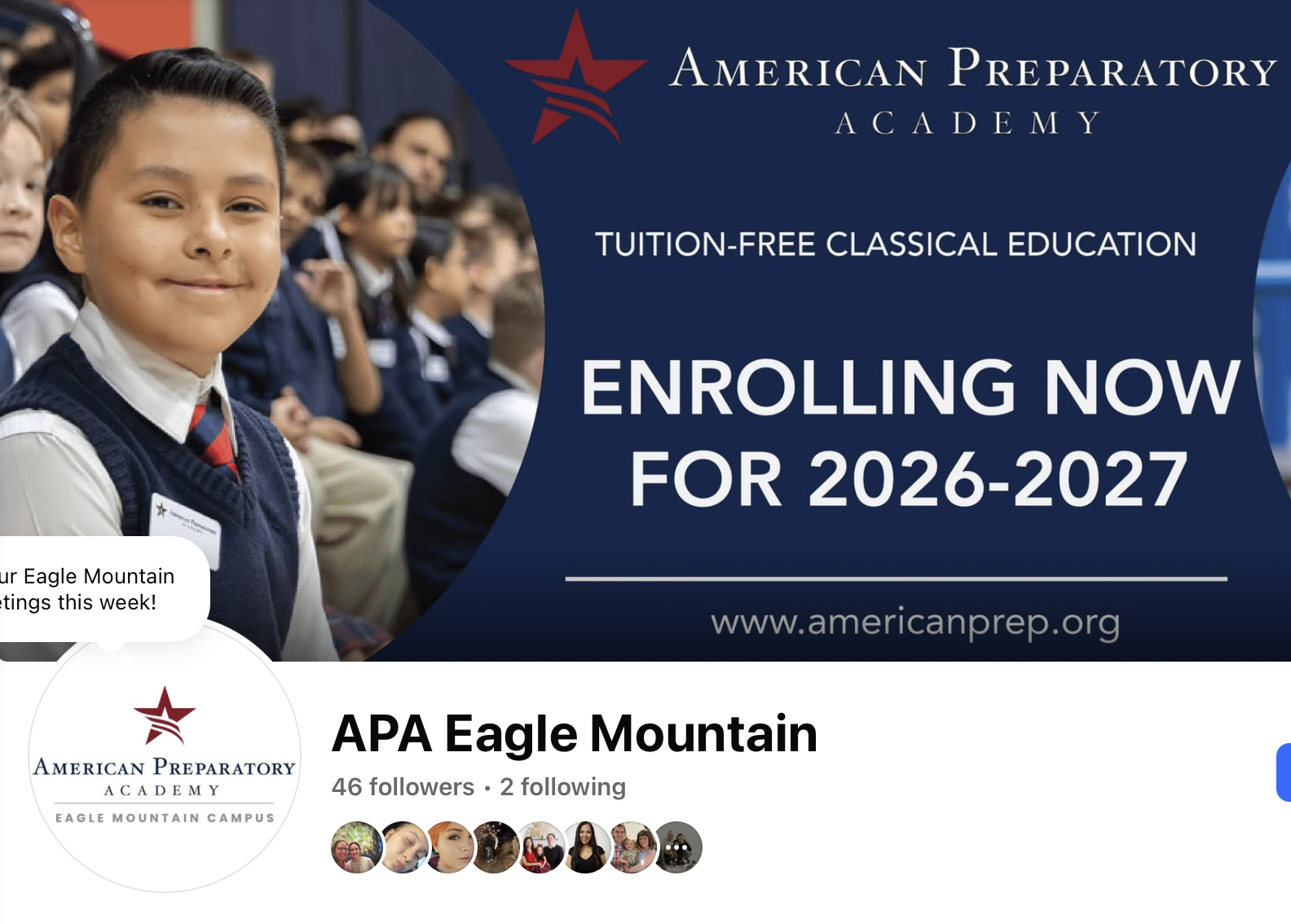 Screenshot of the APA Eagle Mountain Facebook page cover photo and profile.