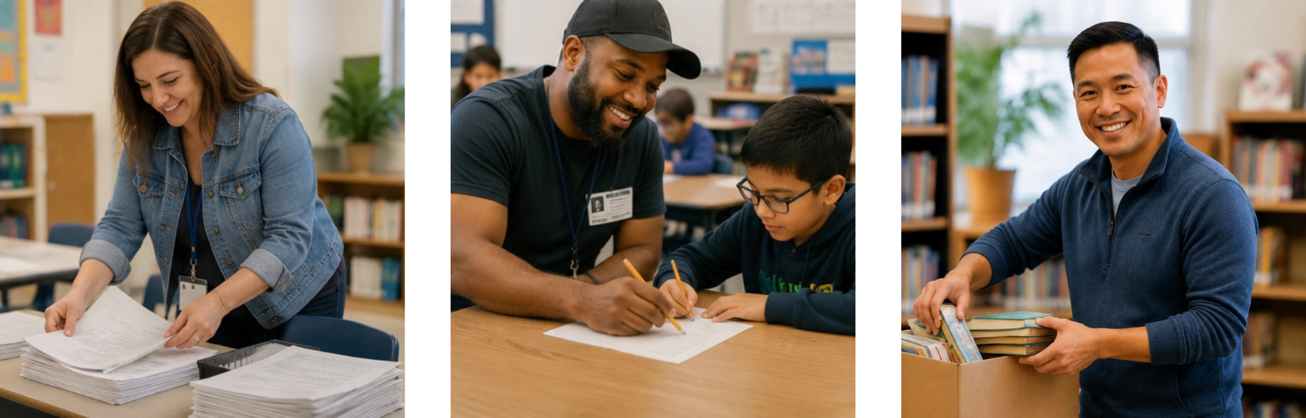 Three APA Eagle Mountain parent volunteers — one sorting papers in a classroom, one helping a student with schoolwork, and one organizing books in the library.