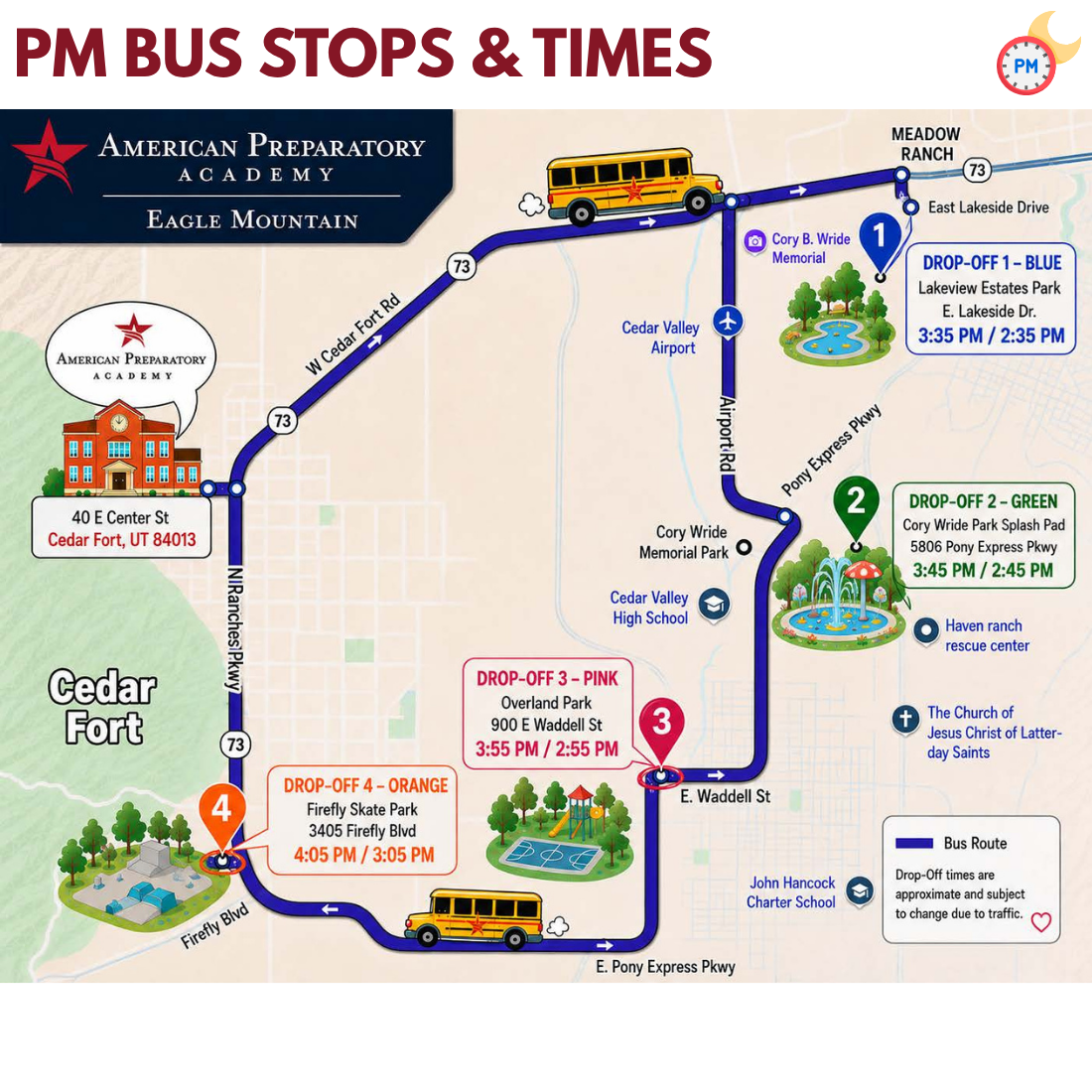 APA Eagle Mountain afternoon bus drop-off map. Four color-coded stops with drop-off times for both dismissal schedules: Lakeview Estates Park 3:35 / 2:35 PM, Cory Wride Park Splash Pad 3:45 / 2:45 PM, Overland Park 3:55 / 2:55 PM, Firefly Skate Park 4:05 / 3:05 PM.