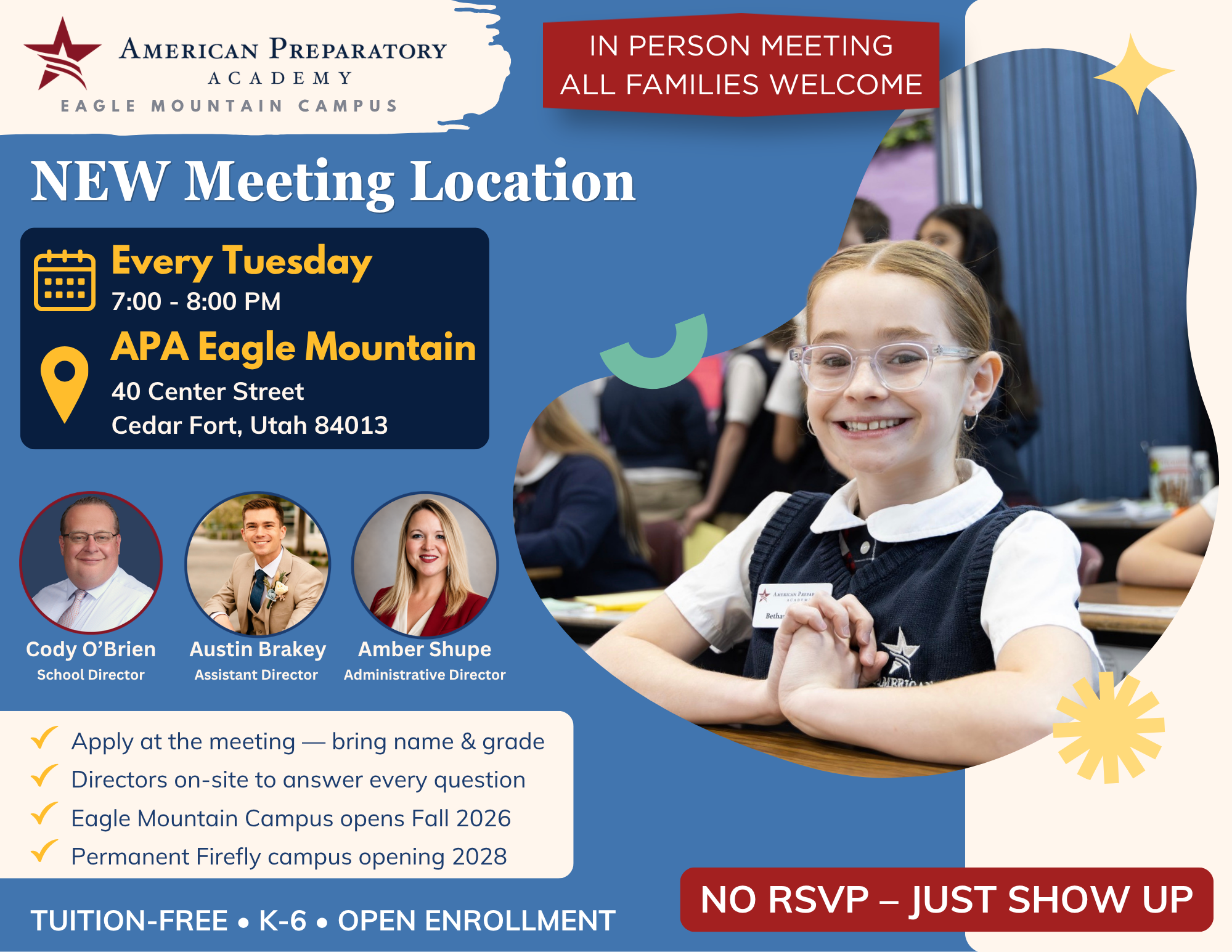 American Prep at Eagle Mountain flyer: every Tuesday 7-8 PM at APA Eagle Mountain, 40 Center Street, Cedar Fort, Utah, with school leadership pictured.